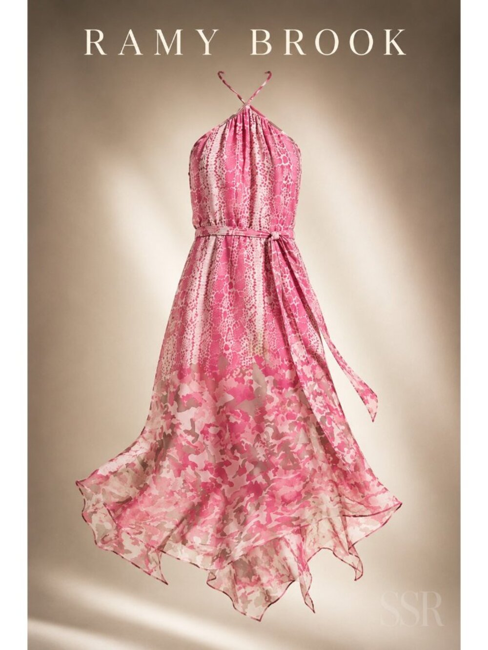 NWT Ramy Brook Fia Silk Halter Midi Dress Rose Pink Snake Print Camo Size L Midi